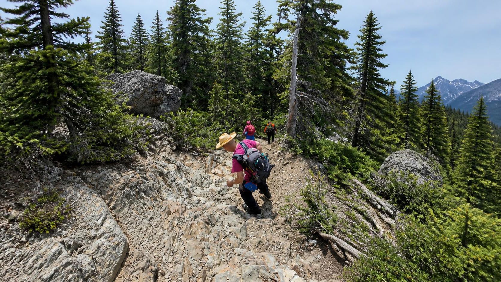 Qiqi, Helen, and Patrick descending through the forest section