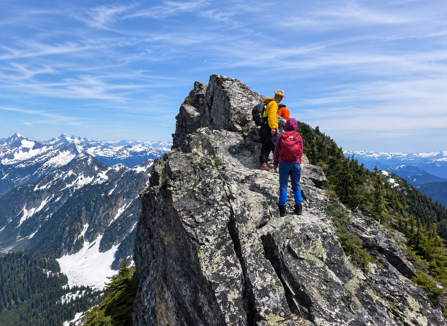 Team navigating beneath the narrow fishback ridge on Mount Brunswick