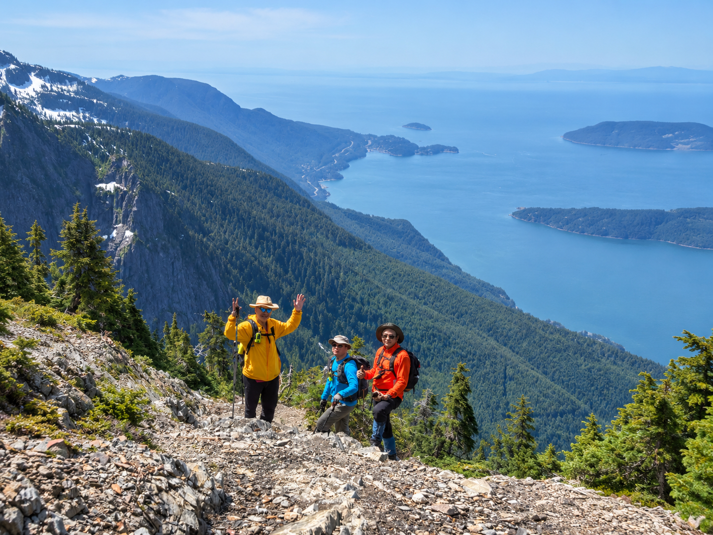 Patrick, Victor, and Qiqi taking a photo with Howe Sound behind them