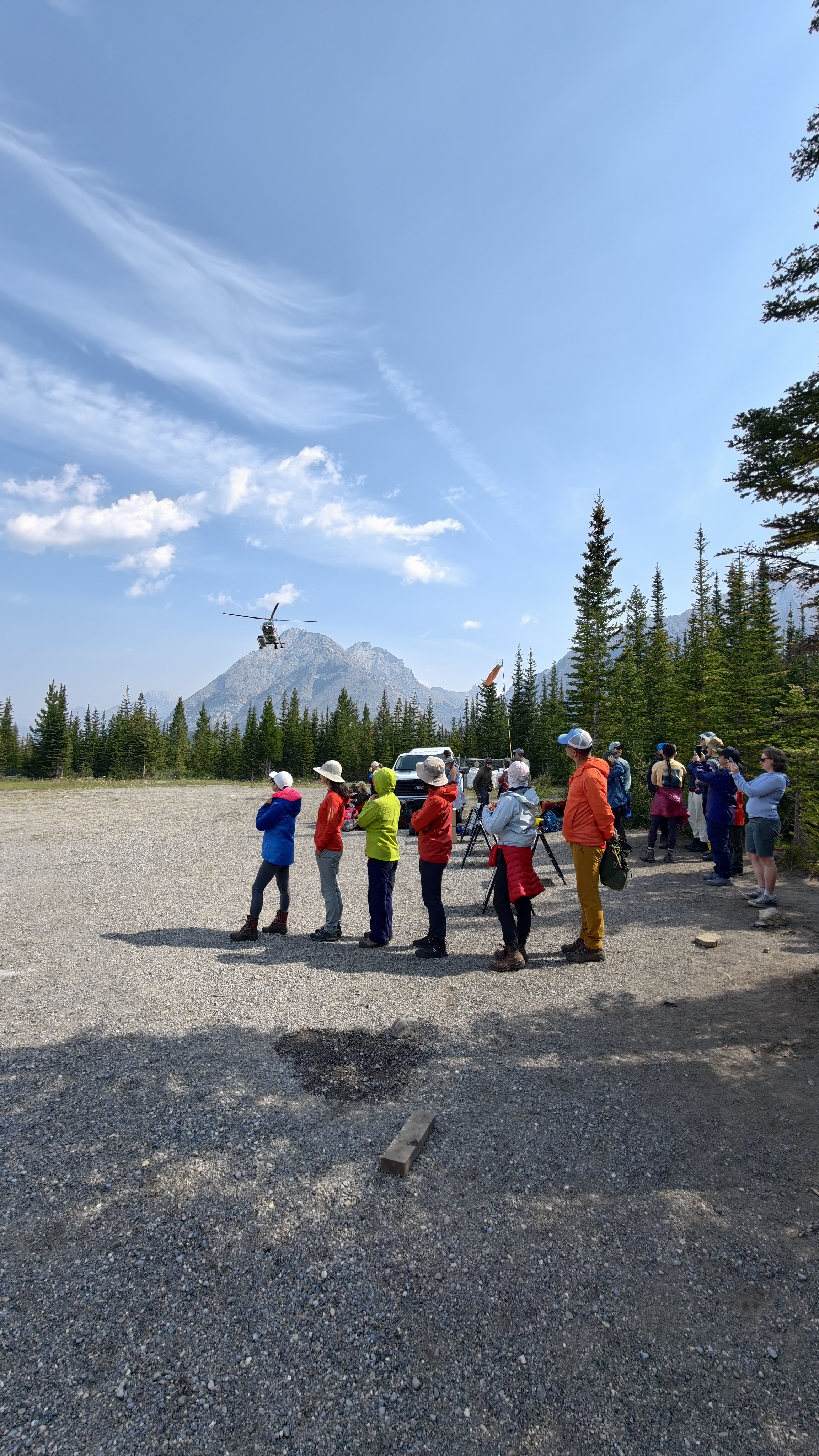 Flight #8 group waiting at Mt. Shark helipad