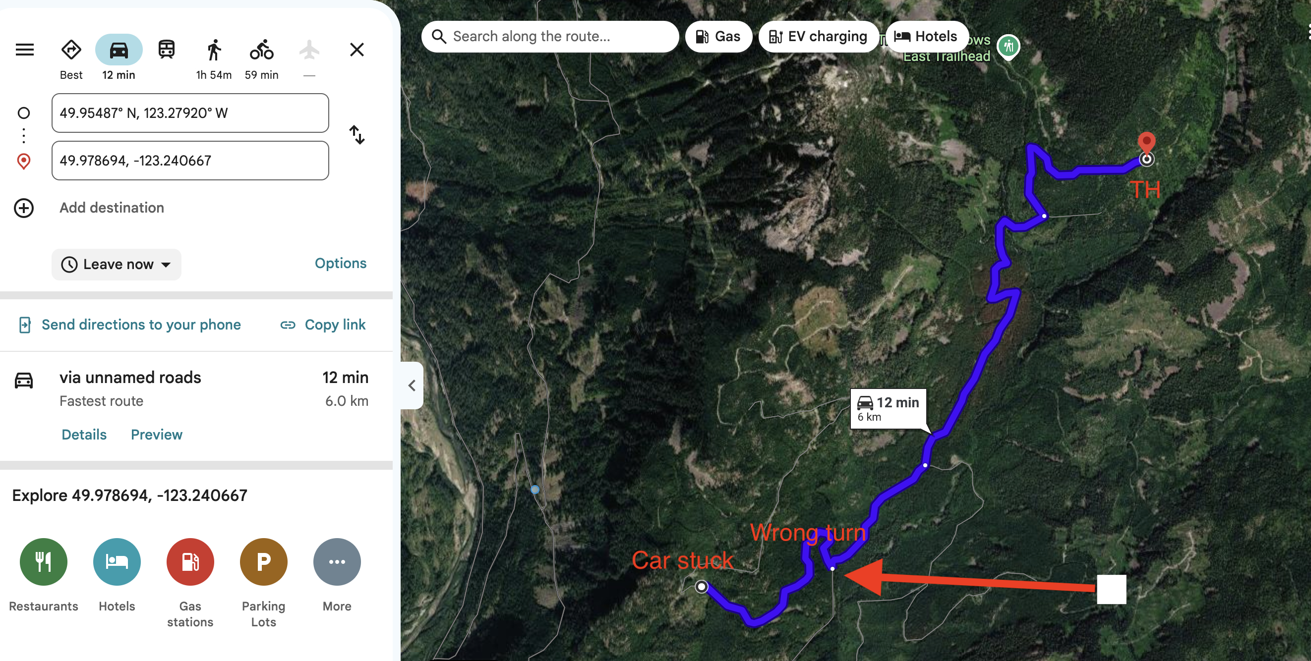 Map showing vehicle was 6 km from trailhead