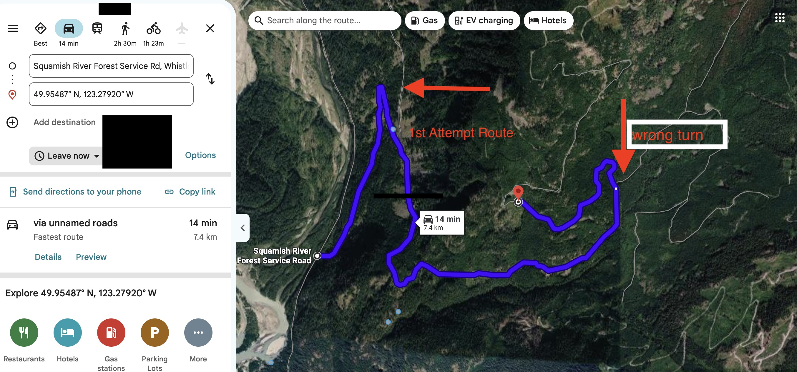 Map illustrating the 7.4 km drive off-road away from the main FSR corridor