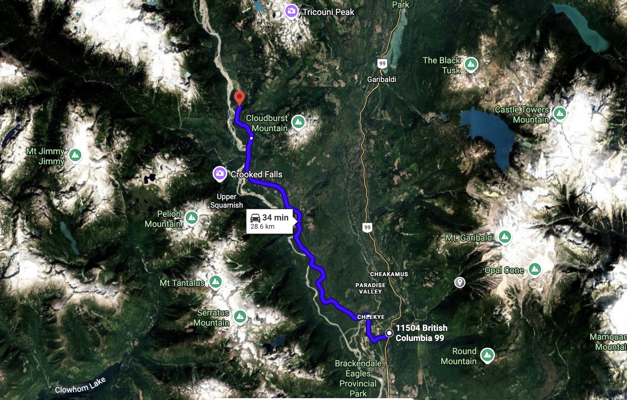 Map showing 29 km stretch of Squamish River FSR to Highway 99