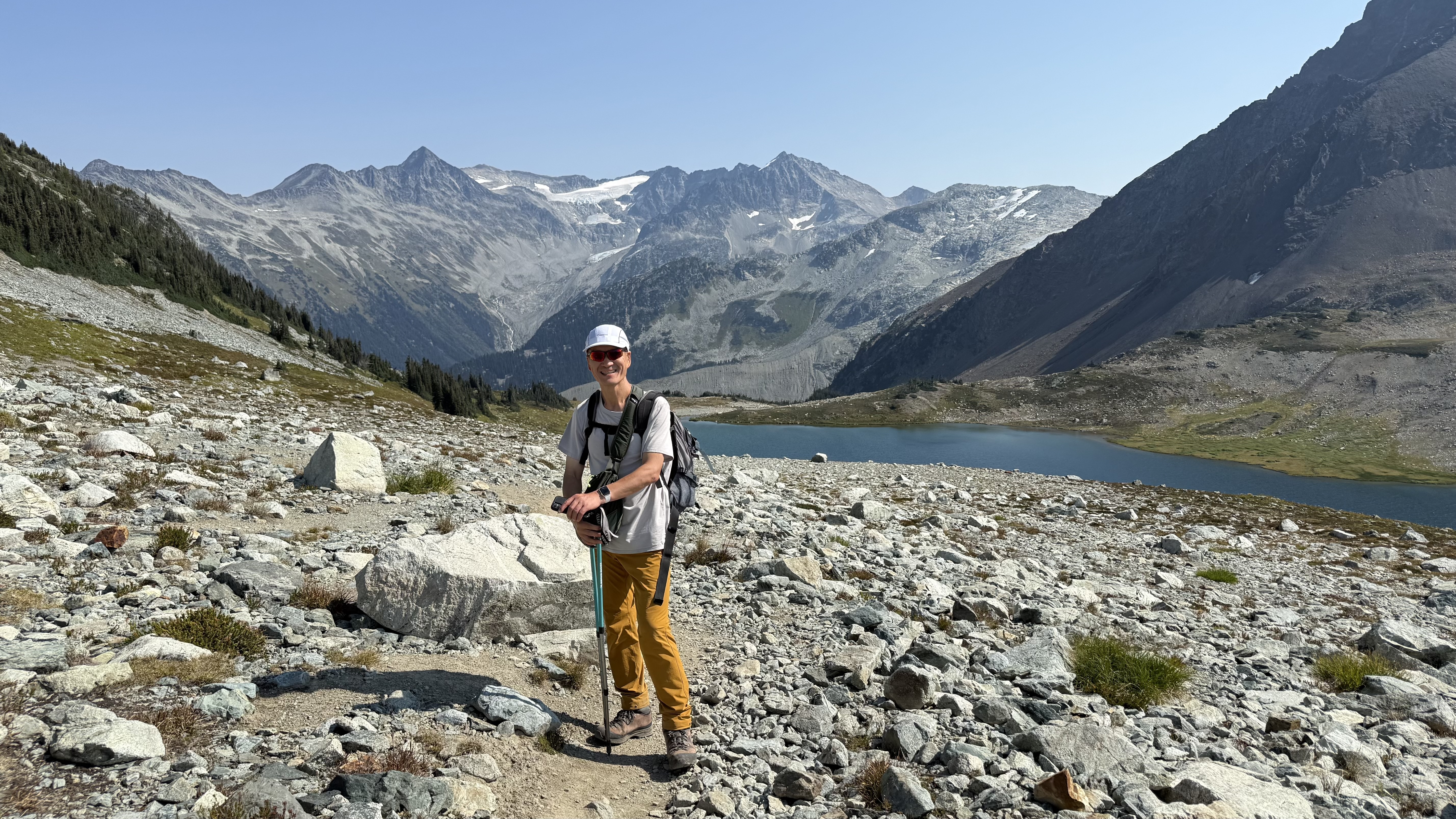 Patrick at Russet Lake on the way to the peak of Overlord Mountain
