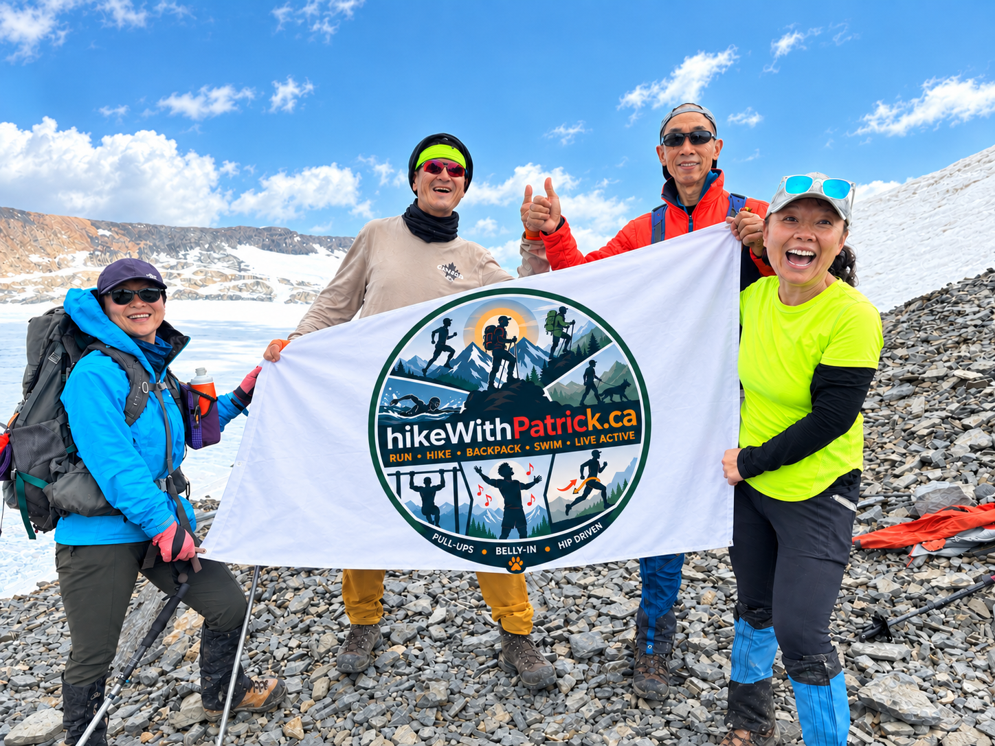 Yanjuan, Celia, Rob and Patrick at Snowbird Pass with Coleman Glacier