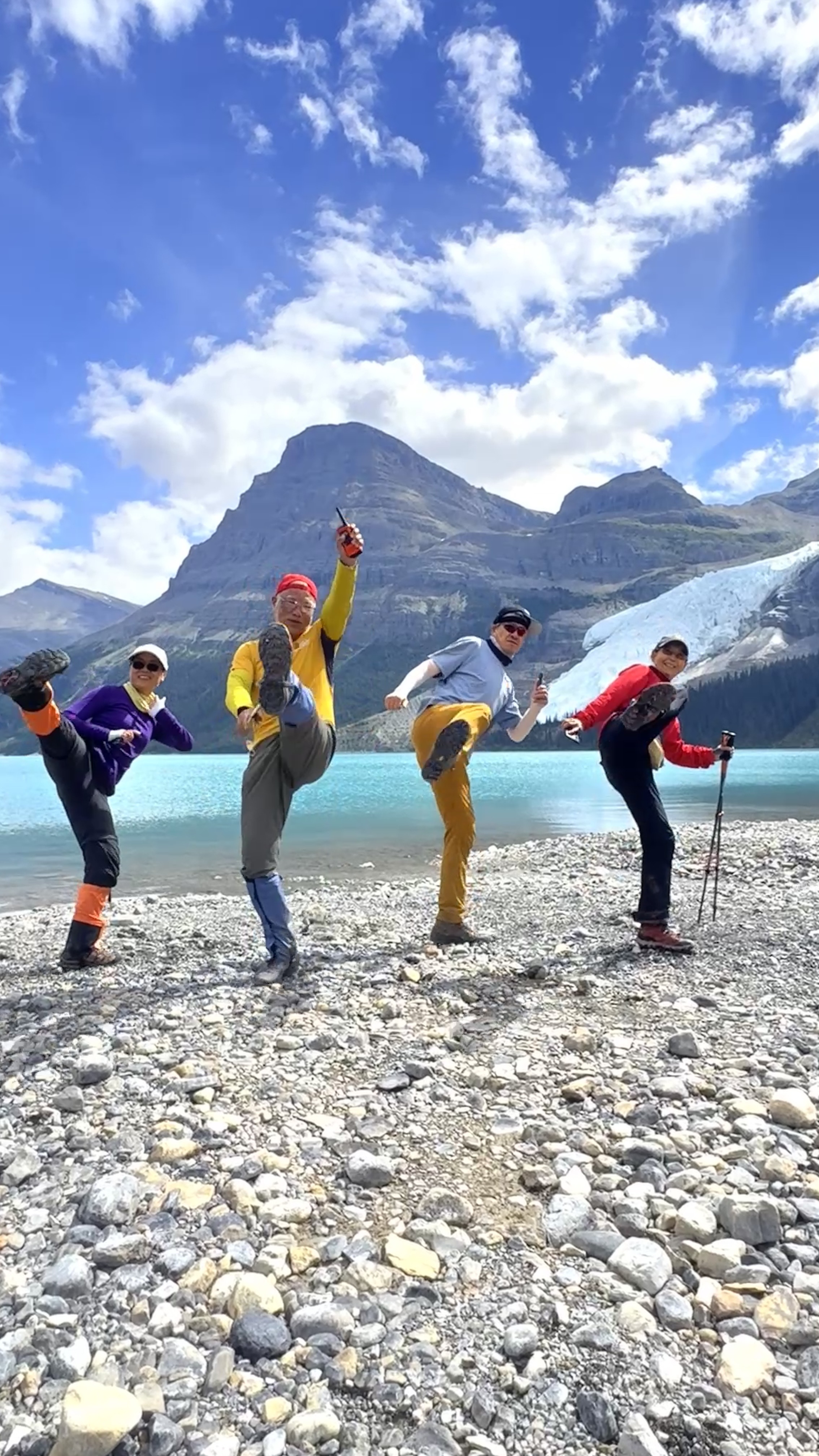 Patrick's car team 4 people leg kicking photo at Marmot campground